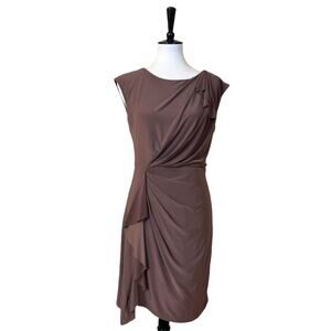 Max and Cleo Celine Taupe Shirred Cascade Wrap Skirt Sheath Dress Size Small